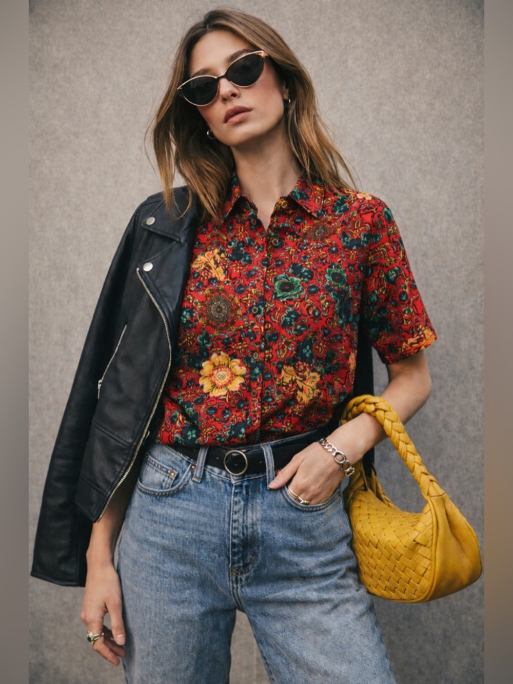 Boho Tapestry Floral Blouse Womens M Collared Button Front Red Teal Top
